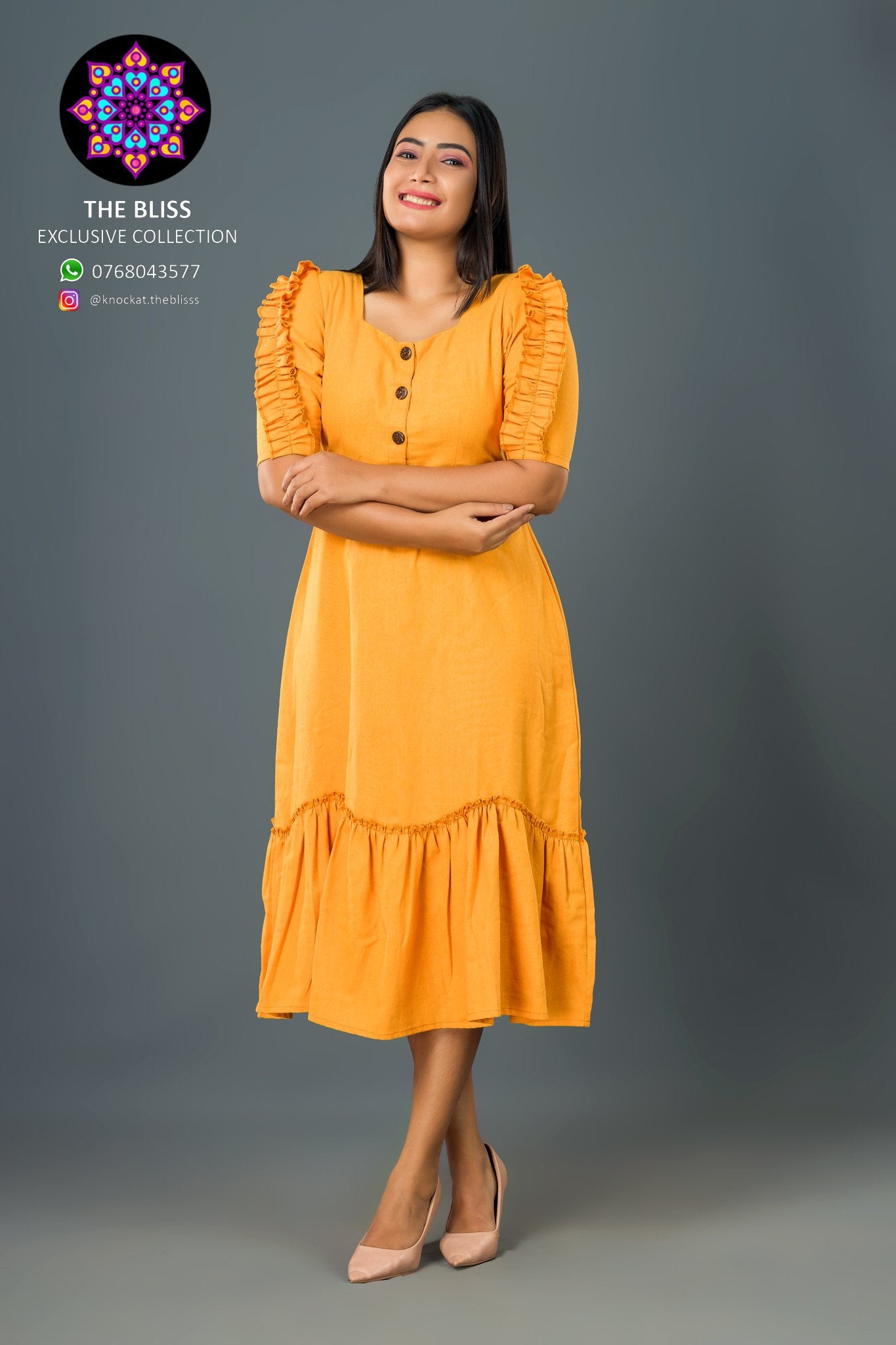 Anne Frill Sleeve Mustard Dress