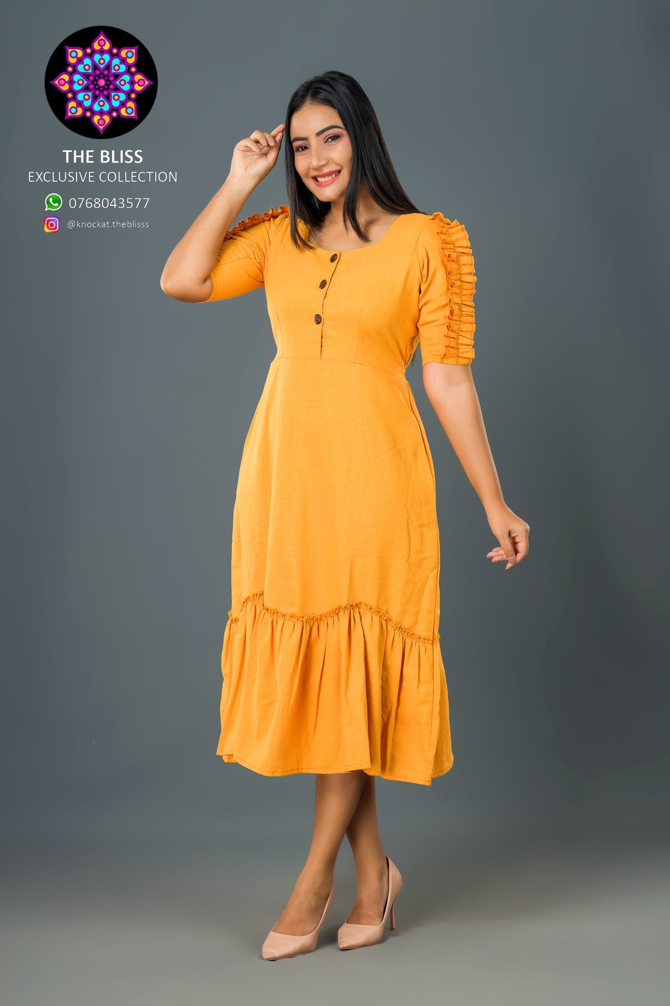 Anne Frill Sleeve Mustard Dress