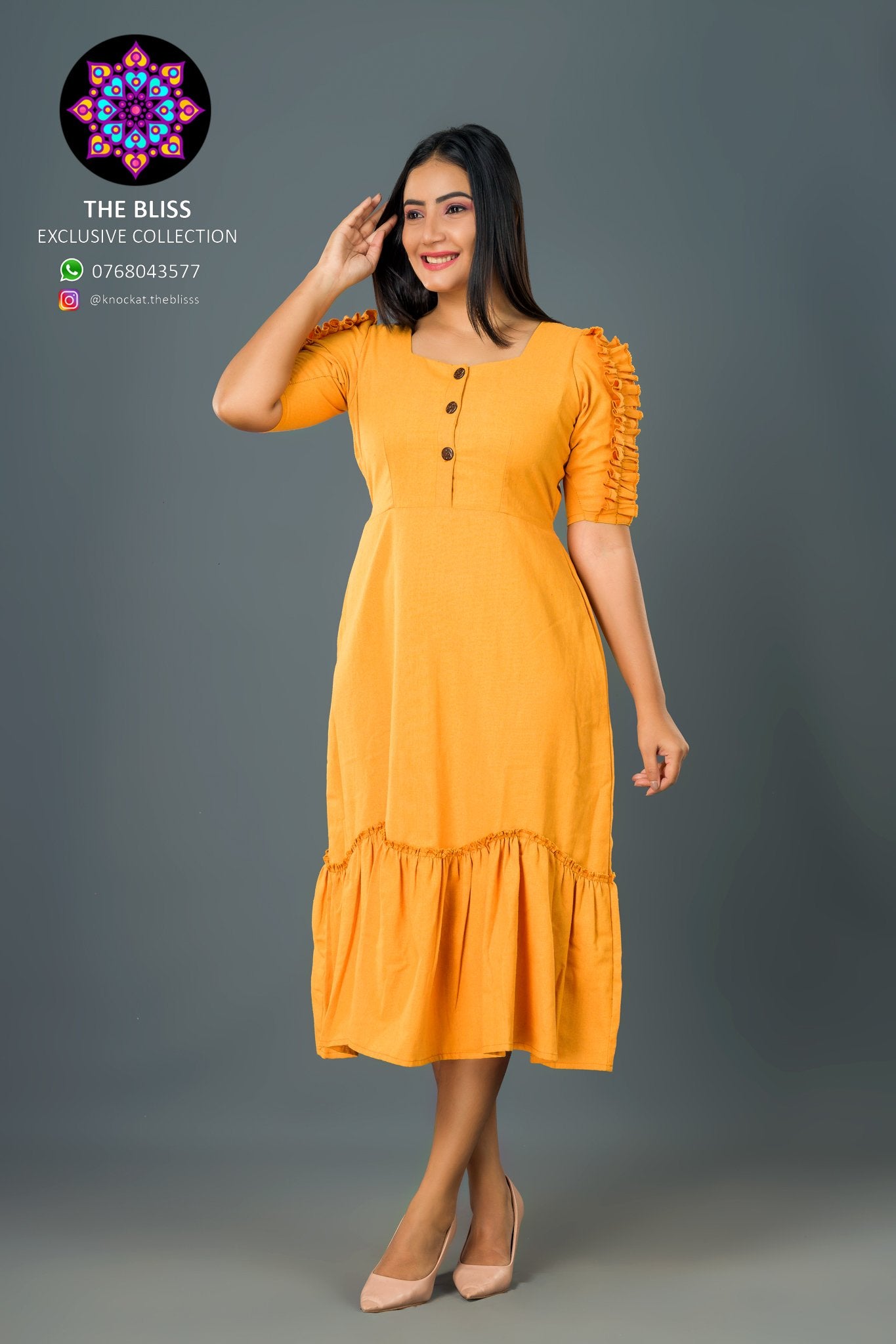 Anne Frill Sleeve Mustard Dress