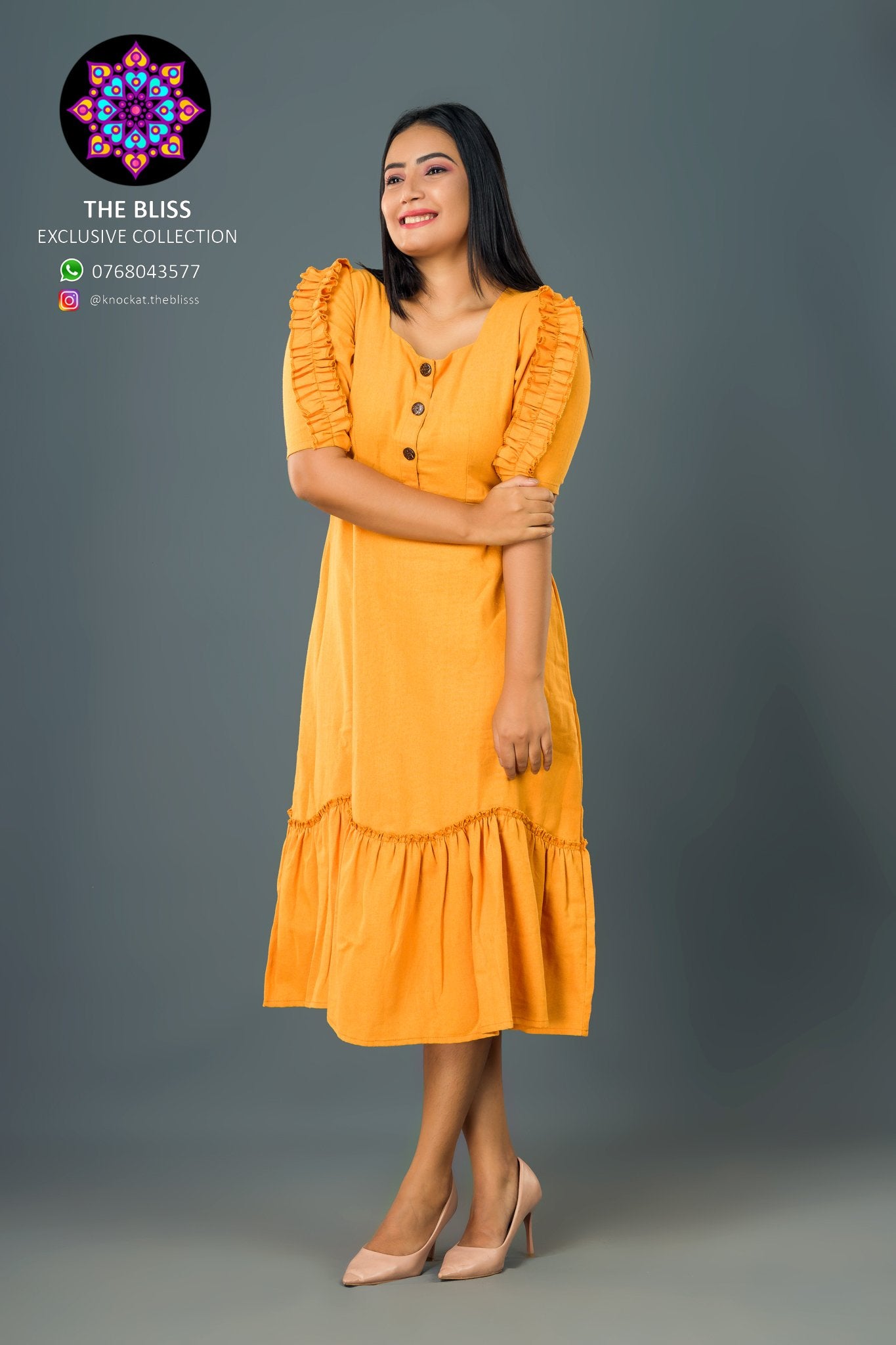 Anne Frill Sleeve Mustard Dress